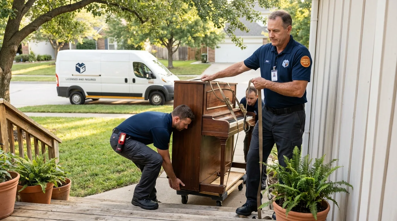 Licensed piano movers securing grand piano in Orangeburg, SC