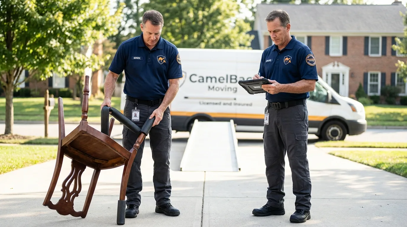 Movers inspecting furniture for damage prevention before loading in Orangeburg, SC