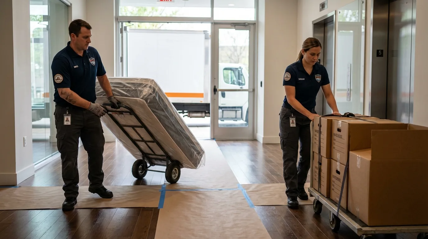 Professional apartment movers loading elevator in Orangeburg, SC