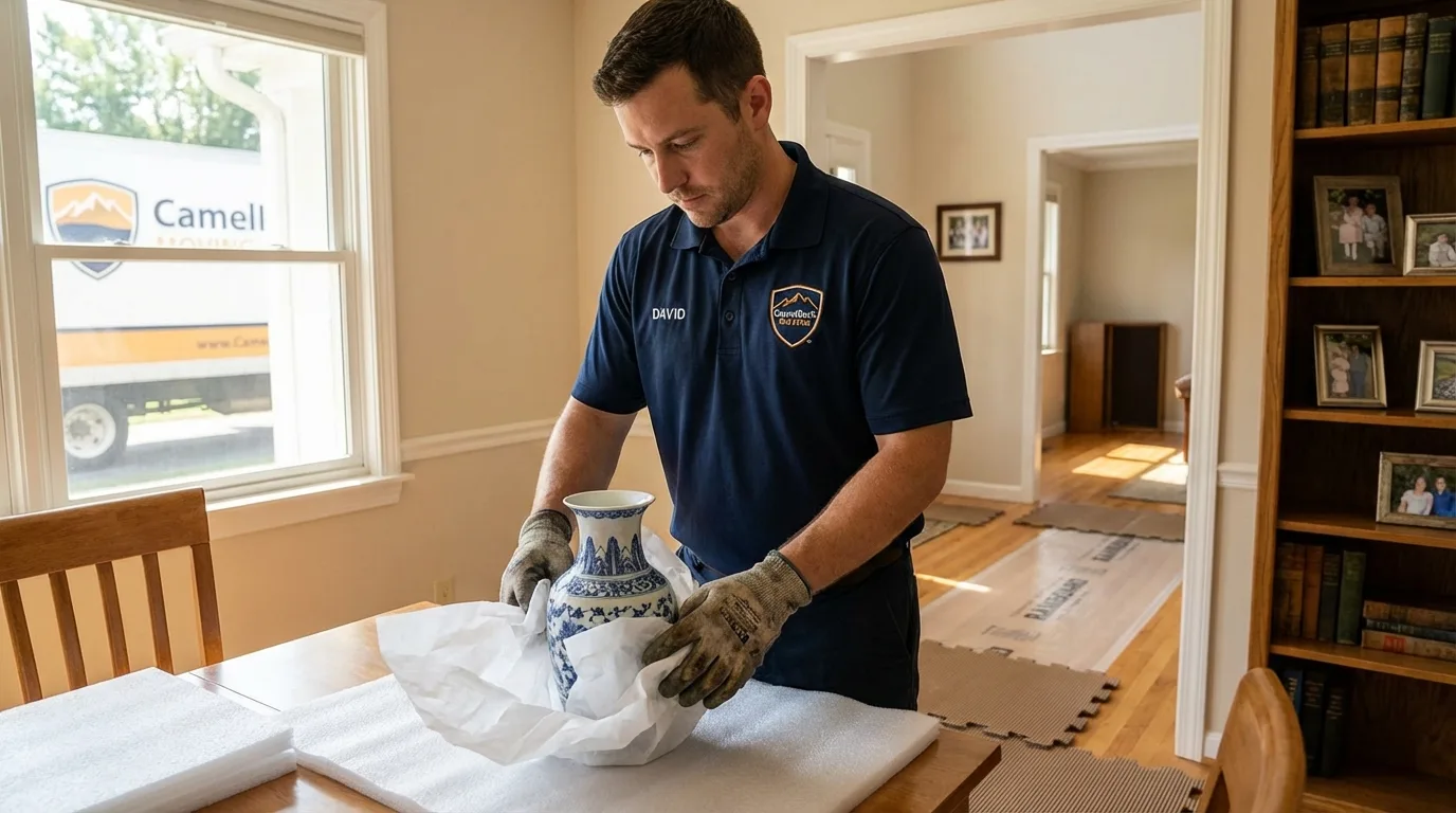 Professional crew carefully wrapping antique vase for senior downsizing move in Orangeburg, SC